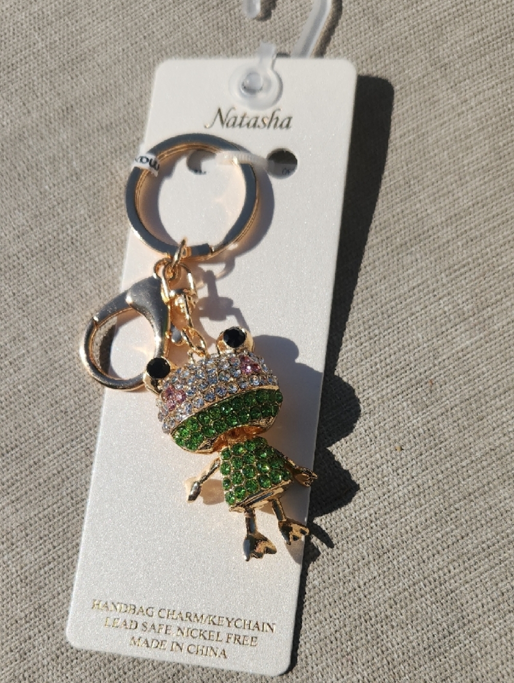 Natasha Gold Frog Keychain/Bag Charm w Green, White, Pink & Black Crystals NWT - Picture 5 of 7